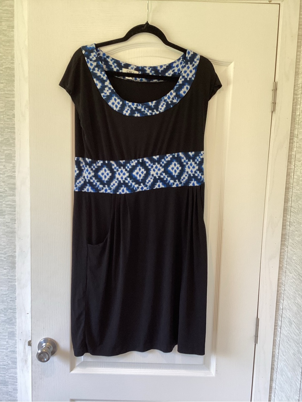 Cato Black Midi Dress with Blue Patterned Trim L EUC